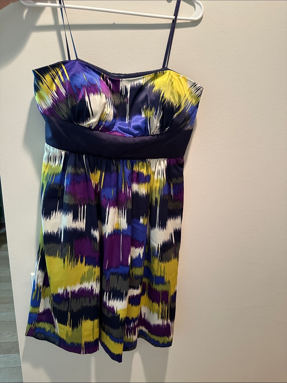 Max & Cleo Strapless Abstract Print Dress in Purple, Yellow & Navy
